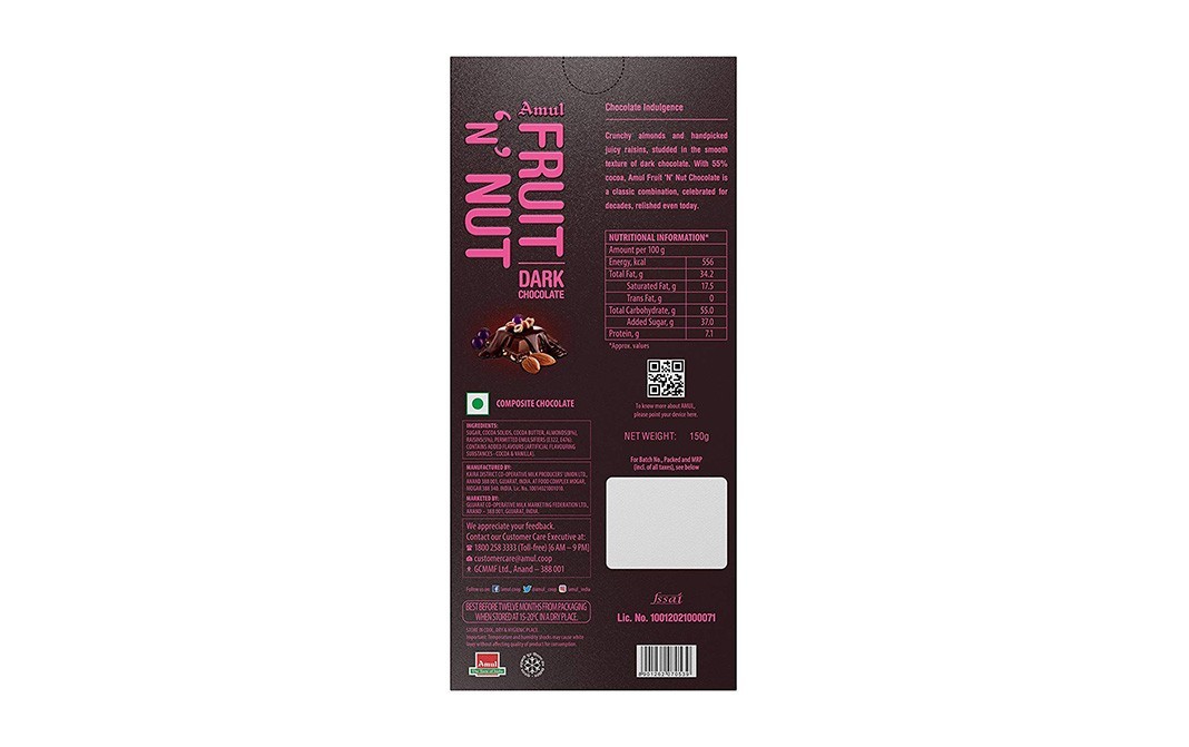 Amul Fruit 'n' Nut Dark Chocolate    Box  150 grams